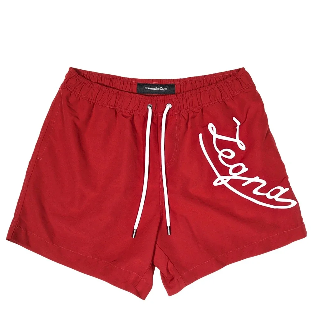 Ermenegildo Zegna Swim Trunks Mens XL Red Script Logo Drawstring Beach Vacation